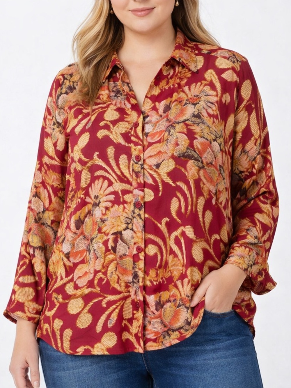 JM Collection Floral Button Up Blouse 18W Red Gold Long Sleeve